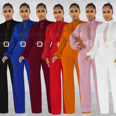 Women's waistband lace cut out solid color long sleeved pants jumpsuit