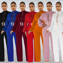 Women's waistband lace cut out solid color long sleeved pants jumpsuit Women's waistband lace cut out solid color long sleeved pants jumpsuit