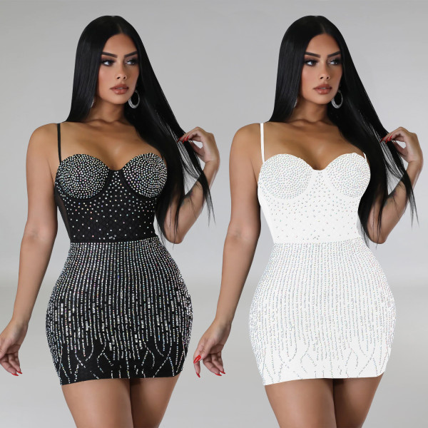 Fashion Women's Mesh Hot Diamond Sleeveless Suspended Short Dress Dress