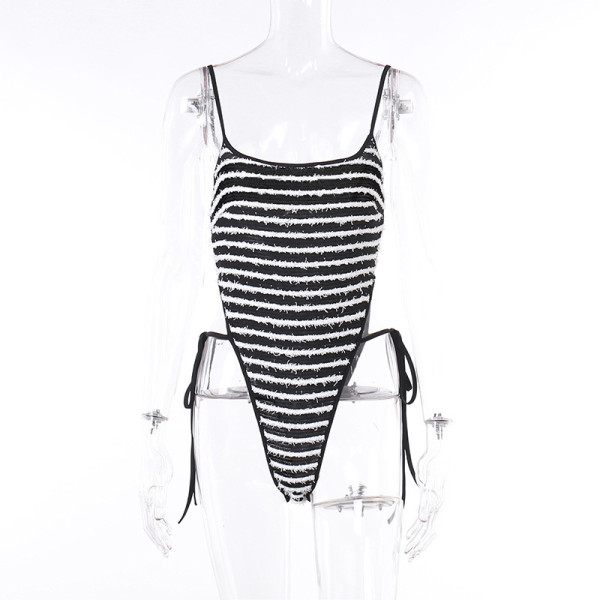 Strap Slim Fit Striped Texture Material Open Waist Tank Top Bodysuit