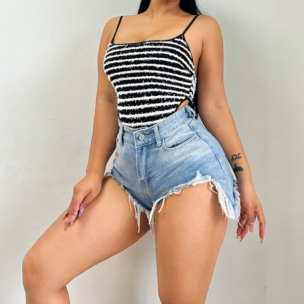 Strap Slim Fit Striped Texture Material Open Waist Tank Top Bodysuit