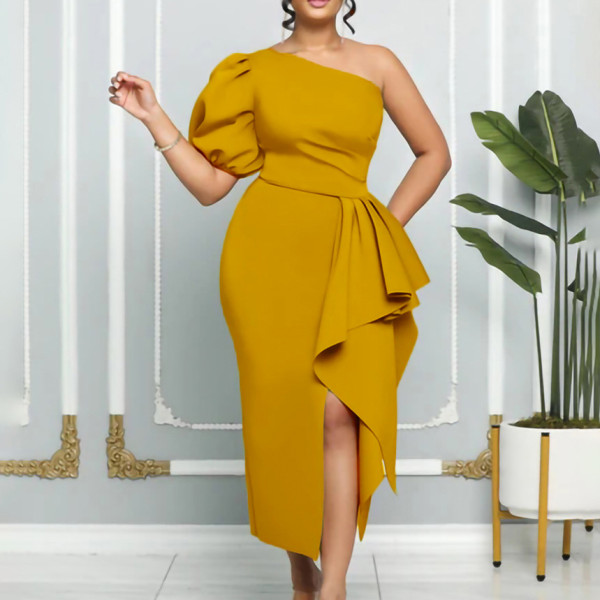 Temperament Waist Wrapped Bubble Sleeve Banquet Split Dress Dress