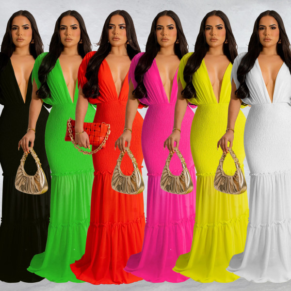 Women's solid color pleated V-neck sleeveless long dress dress