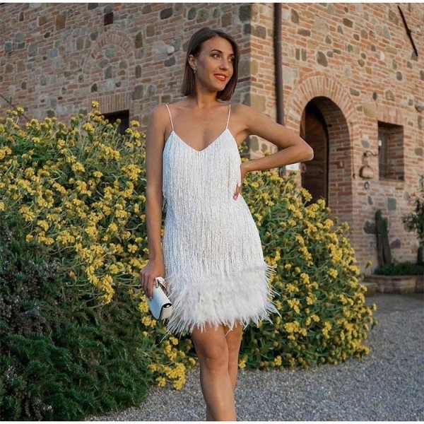 Sexy V-neck strap feather patchwork dress