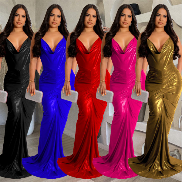 Fashion Women's Solid Color Shoulder Lace up Sleeveless Long Dress Dress