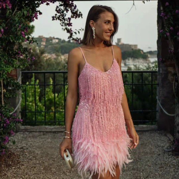Sexy V-neck strap feather patchwork dress