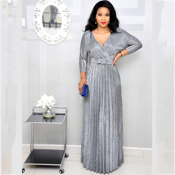 Women's fashion long sleeved gilded pleated large swing skirt with belt