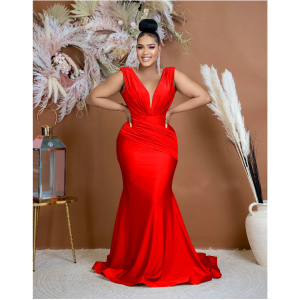 Fashion Women's Solid V-Neck Sleeveless Pleated Long Dress