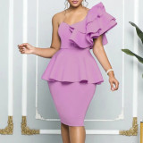 Hip Wrap Ruffle Edge Oblique Shoulder Banquet Evening Dress