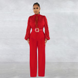 Women's waistband lace cut out solid color long sleeved pants jumpsuit