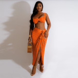 Pleated Sexy Open Back Strap Top Split Pleated Skirt Set