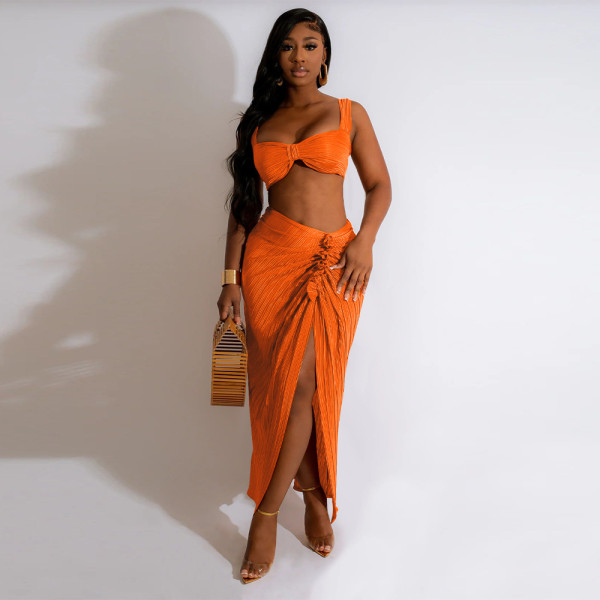 Pleated Sexy Open Back Strap Top Split Pleated Skirt Set