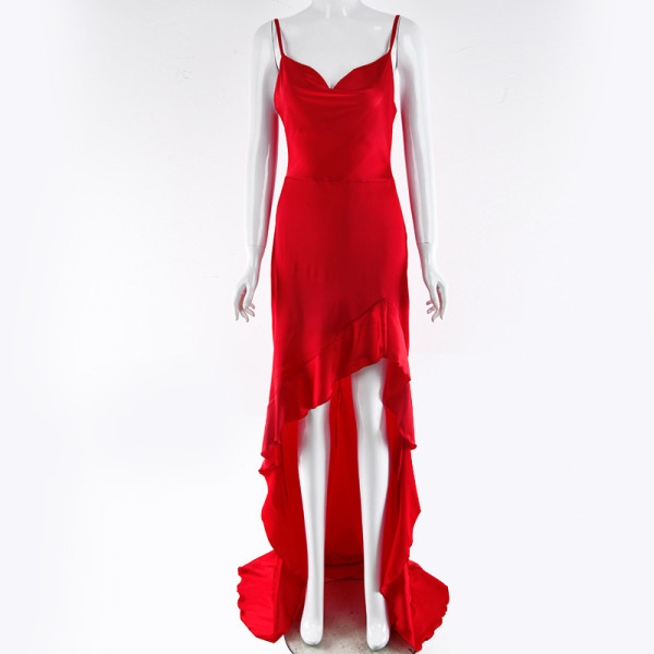 Sexy suspender with open back side slits and tail dress skirt