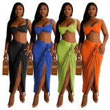 Pleated Sexy Open Back Strap Top Split Pleated Skirt Set