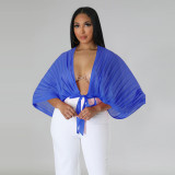 Lace up solid V-neck pleated chiffon shirt top