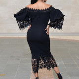 Lace Spliced One Line Neck Wrap Hip Banquet Dress Dress