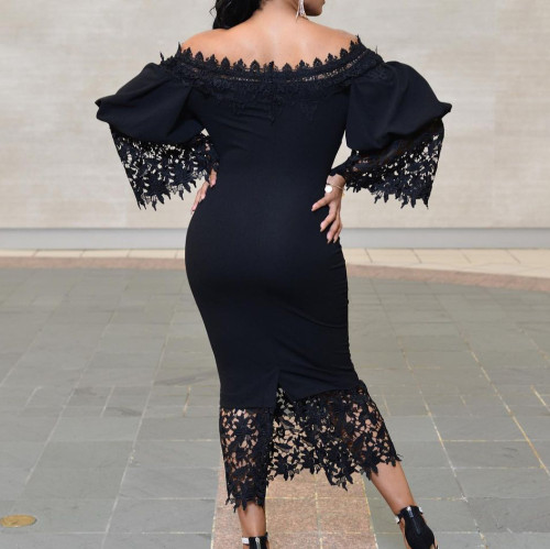 Lace Spliced One Line Neck Wrap Hip Banquet Dress Dress