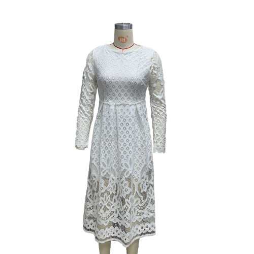 Round neck lace long sleeved slim fitting mid length skirt