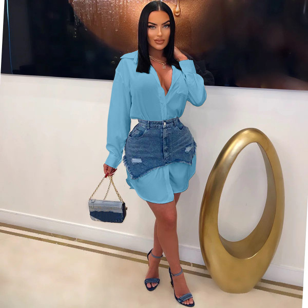 Fashion and personalized denim combination dress and shirt two-piece set