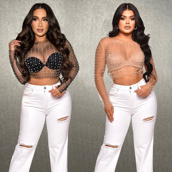 Women's solid color mesh hot diamond bubble bead long sleeved top single piece set