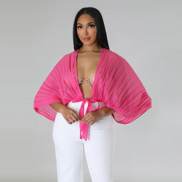 Lace up solid V-neck pleated chiffon shirt top