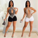 Fashion women's mesh hot diamond bubble bead sleeveless shorts jumpsuit