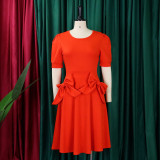 High Waist Slim Solid Bow Dress