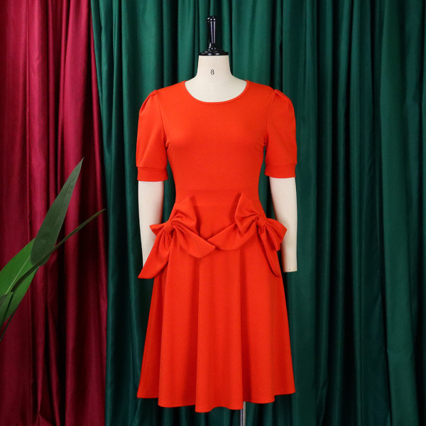 High Waist Slim Solid Bow Dress