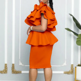 Hip Wrap Ruffle Edge Oblique Shoulder Banquet Evening Dress