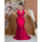 Fashion Women's Solid V-Neck Sleeveless Pleated Long Dress
