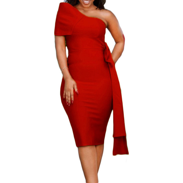 Solid Color Slim Bow Off Shoulder Dress Dress