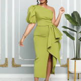 Temperament Waist Wrapped Bubble Sleeve Banquet Split Dress Dress