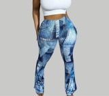 Loose digital printed straight tube rubber band pants