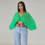 Lace up solid V-neck pleated chiffon shirt top