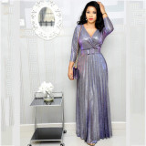 Women's fashion long sleeved gilded pleated large swing skirt with belt