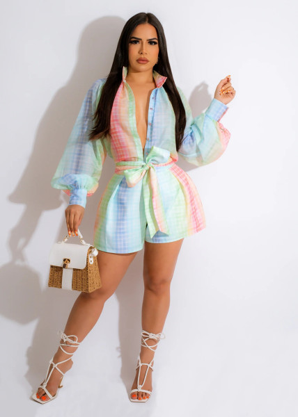Women's cardigan lapel plaid positioning printed lantern sleeve jumpsuit shorts