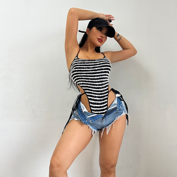 Strap Slim Fit Striped Texture Material Open Waist Tank Top Bodysuit