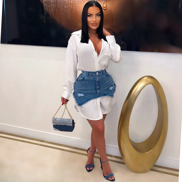 Fashion and personalized denim combination dress and shirt two-piece set