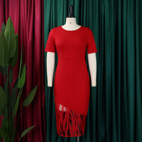 Temperament Tongle Lace Spliced Bead Wrapped Hip Dress