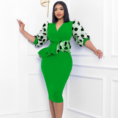 Spliced temperament mesh bubble sleeve pencil skirt dress