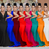Fashion Women's Solid V-Neck Sleeveless Pleated Long Dress