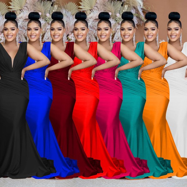 Fashion Women's Solid V-Neck Sleeveless Pleated Long Dress