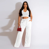 Sleeveless open waist short top with elastic waist and wide leg pants set