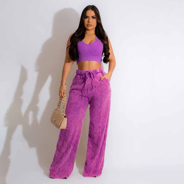 Sleeveless open waist short top with elastic waist and wide leg pants set