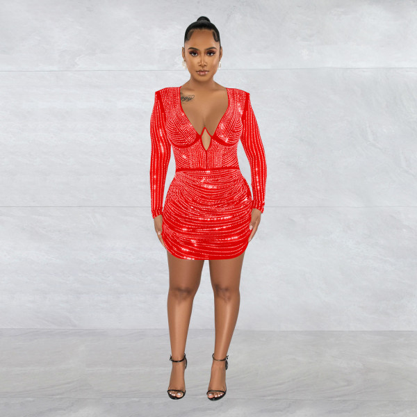 Women's solid color mesh hot diamond temperament short skirt dress