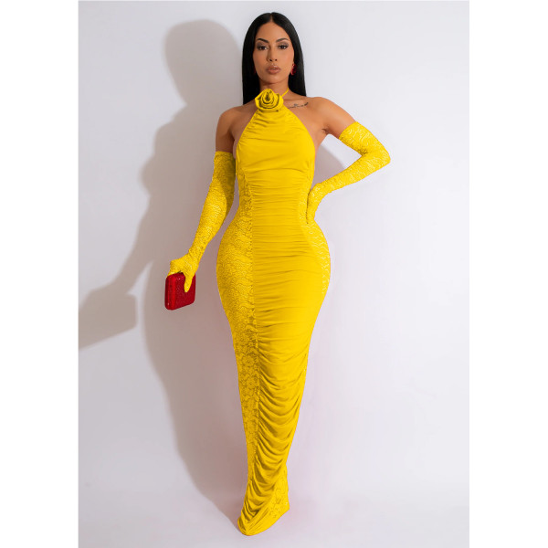 Fashion Women's Solid Color Long Gloves Hollow Lace Long Dress Dress