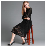 Round neck lace long sleeved slim fitting mid length skirt
