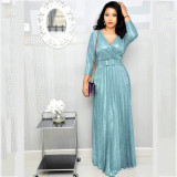 Women's fashion long sleeved gilded pleated large swing skirt with belt