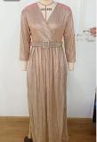 Women's fashion long sleeved gilded pleated large swing skirt with belt