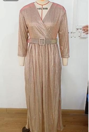 Women's fashion long sleeved gilded pleated large swing skirt with belt